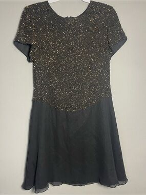 Vintage Bieff Basix Black Silk Beaded Cocktail Dress Gold Bead Party M